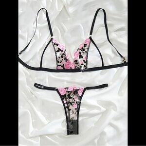 Black & Pink, Floral Embroidered, Lingerie Set